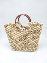 Light Beige and Brown Paper Straw Shoulder Bag with Wooden Handle