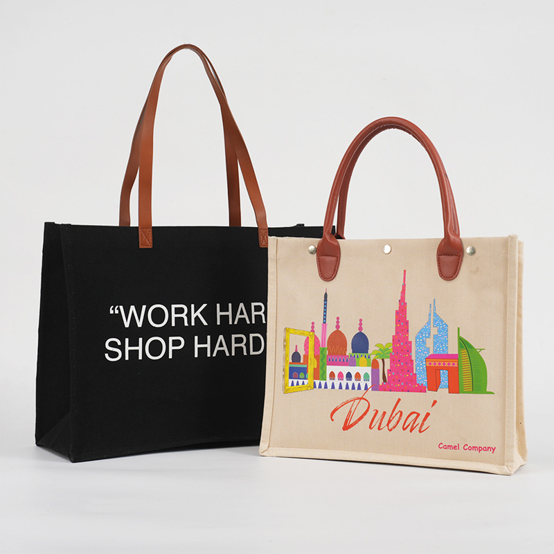Reusable Custom Branded PU Handle Canvas Body Women Totebag Shopping Bag