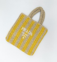 Hand Woven Yellow Strip Paper Straw Embroidery Summer Holiday Seaside Beach Bag