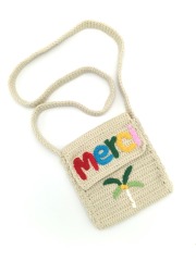 Hand Crochet Palm Tree Merci Embroidery Cotton Thread Pouch Crossbody Shoulder Bag