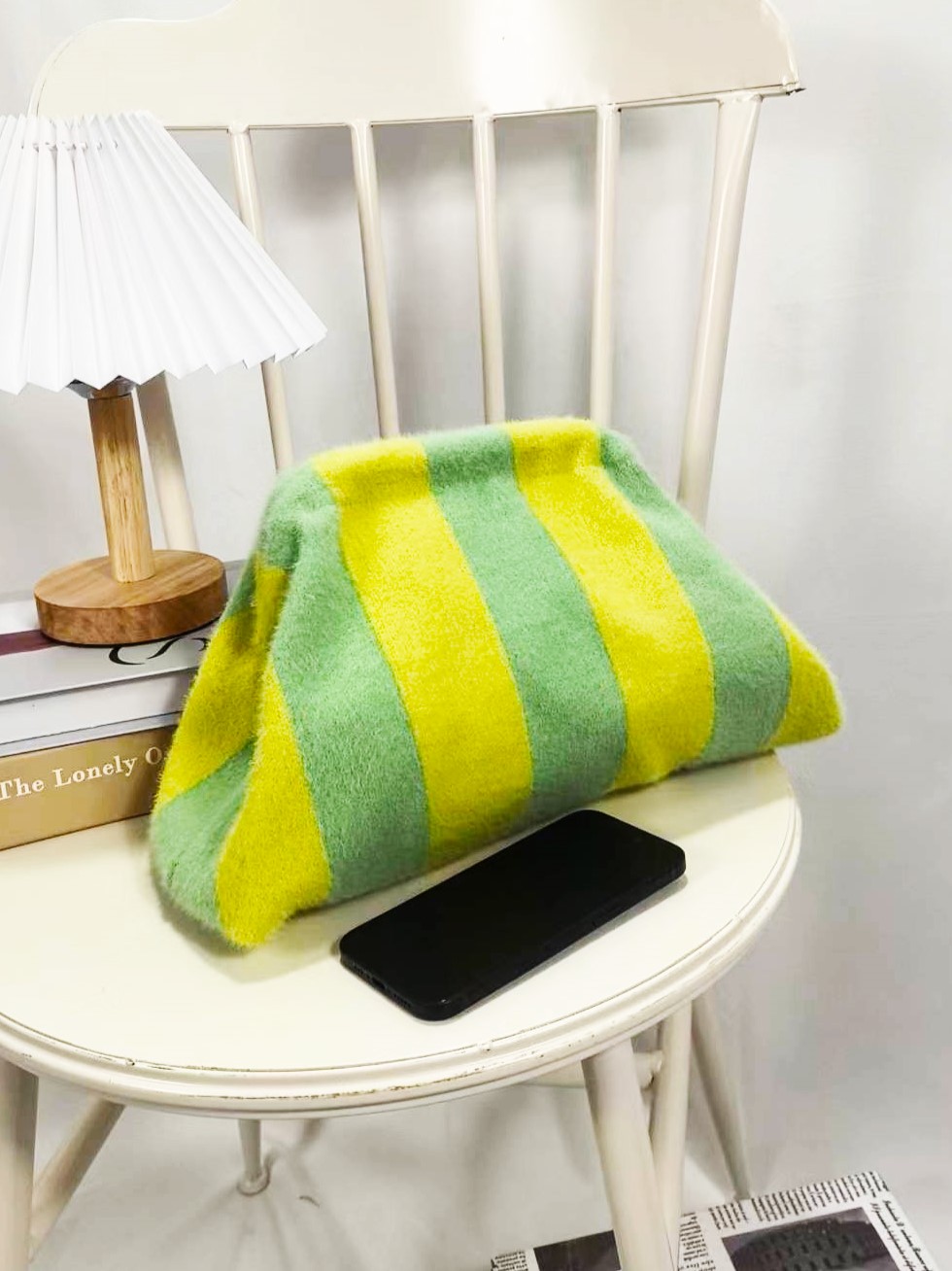 Soft Woven Crochet Fluffy Winter Color Stripes Clutch Bag Handbag Pochette