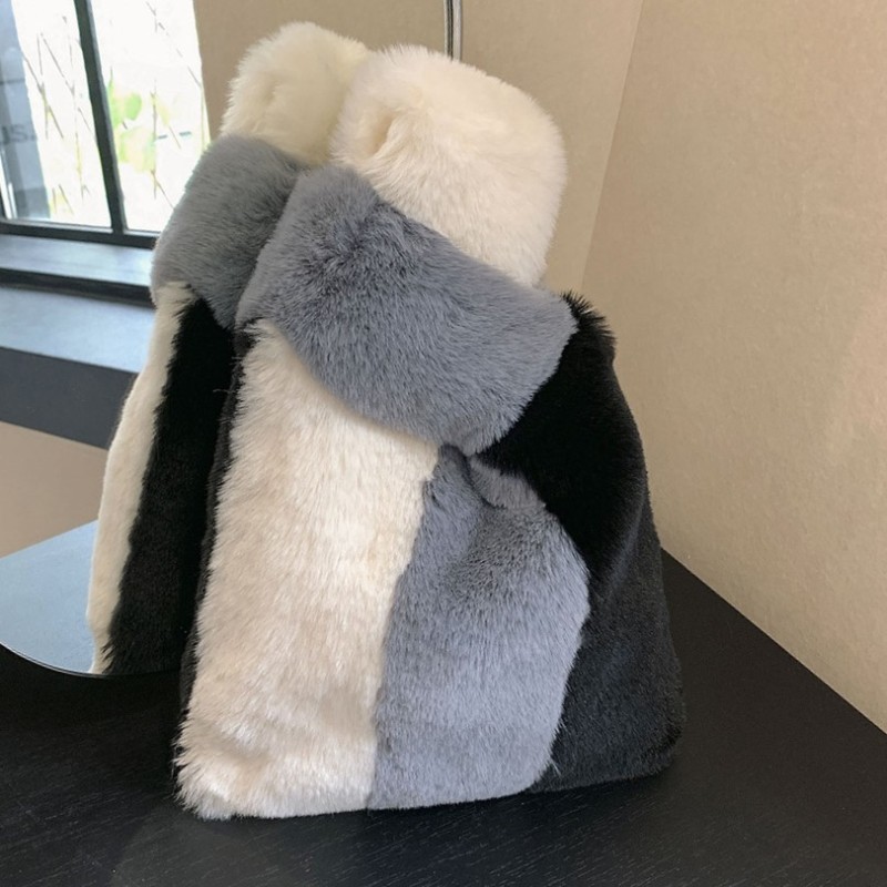 Warm Soft Fur Fluffy Colorful Stripes Plush Winter Autumn Clutch Bag Handbag