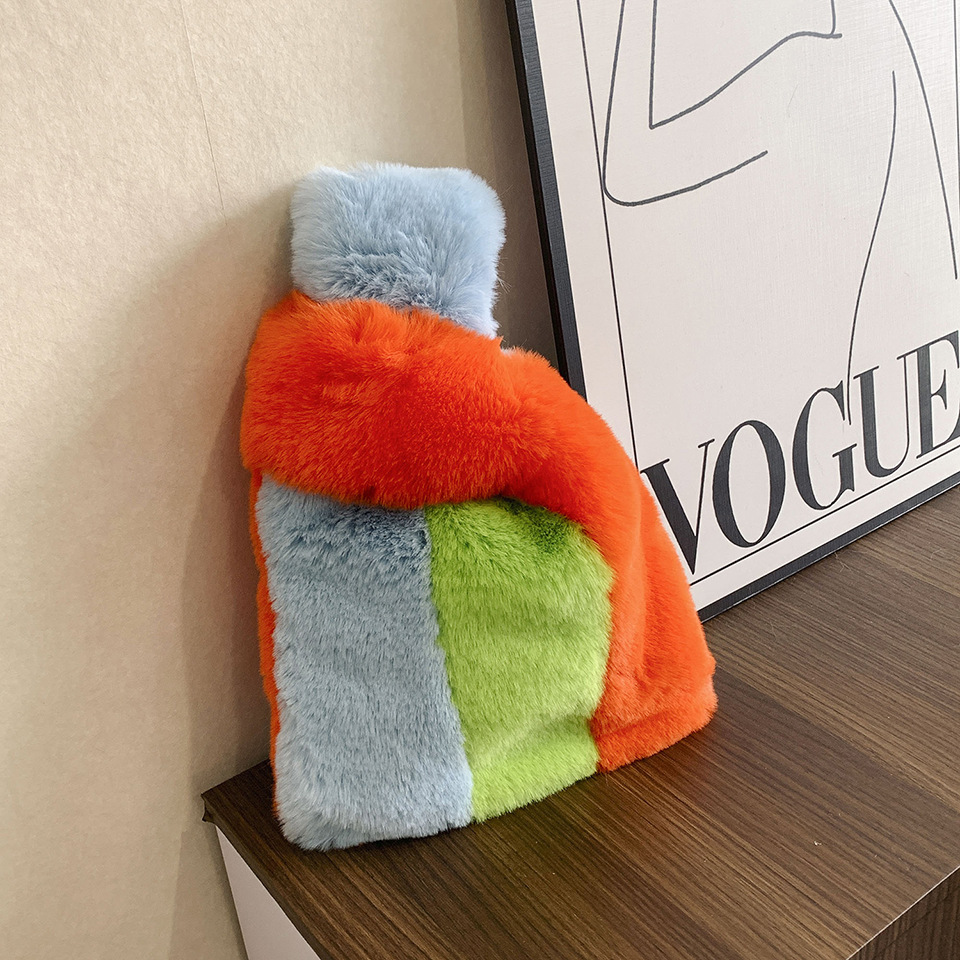 Warm Soft Fur Fluffy Colorful Stripes Plush Winter Autumn Clutch Bag Handbag