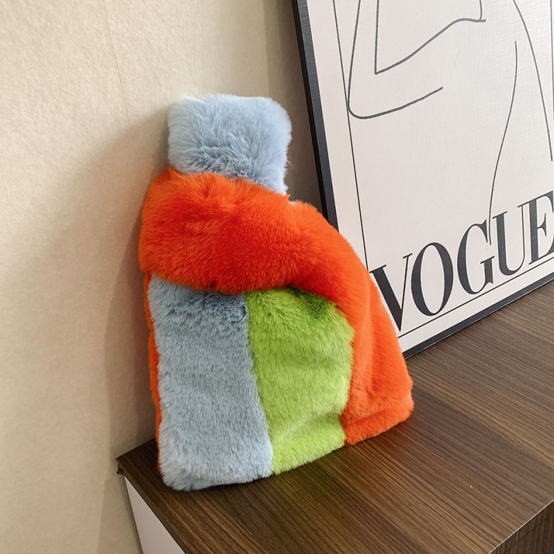 Warm Soft Fur Fluffy Colorful Stripes Plush Winter Autumn Clutch Bag Handbag