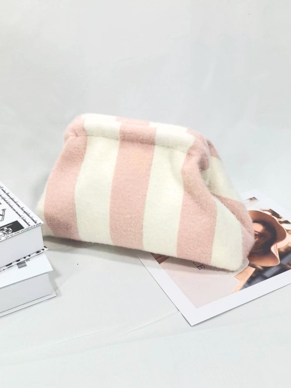 Soft Woven Crochet Fluffy Winter Color Stripes Clutch Bag Handbag Pochette