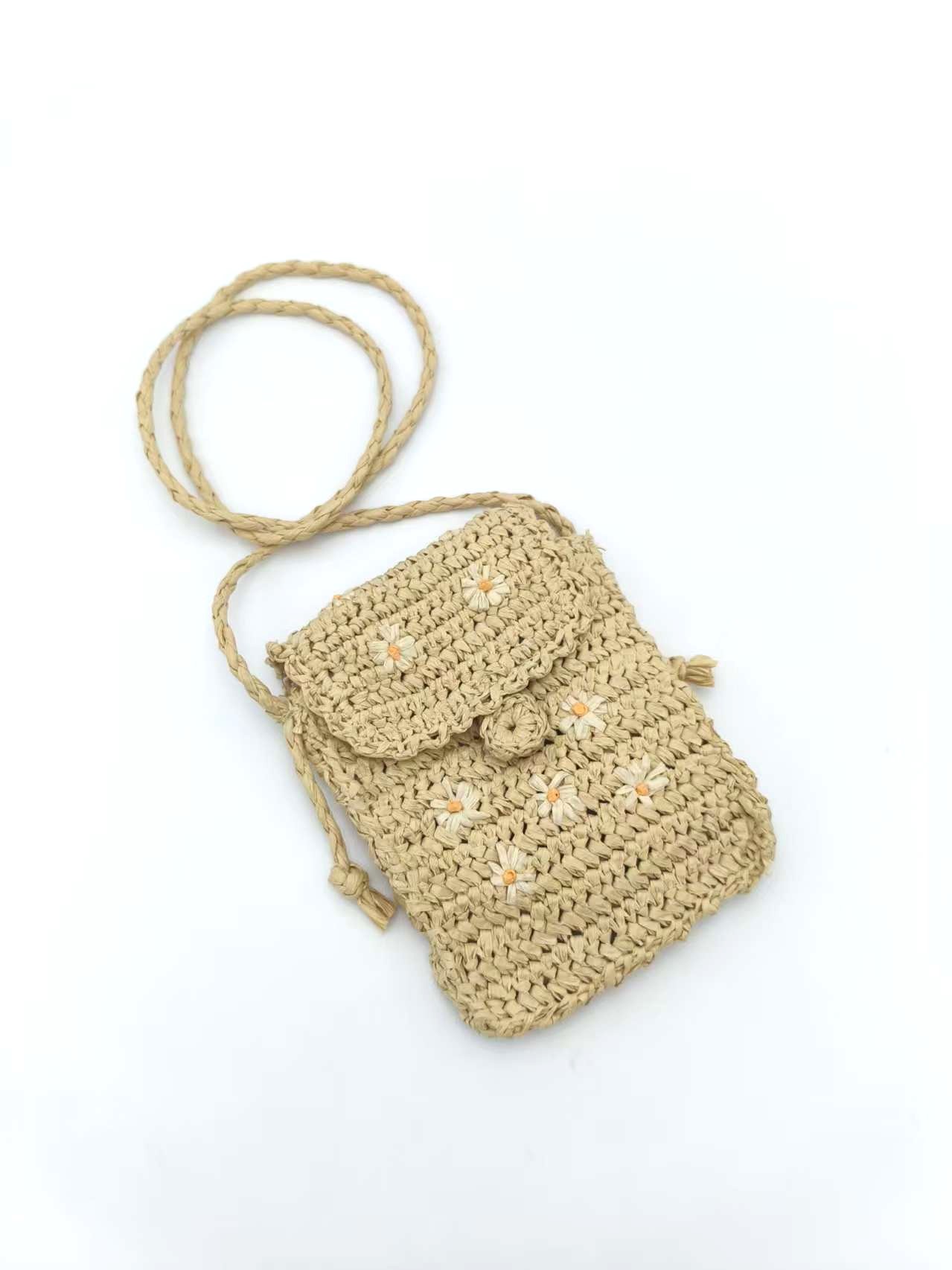Flower Embroidered Phone Bag for Summer & Casual Wear Handcrafted Paper Straw Mini Crossbody Bag