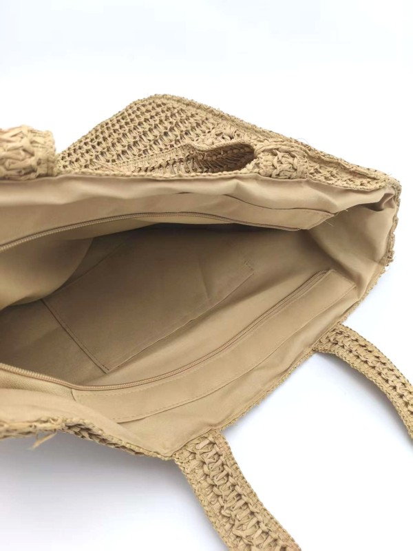 Bohemian Woven Beach Bag with Floral Crochet & Tassel Wood Beads Handwoven Straw Tote Bag