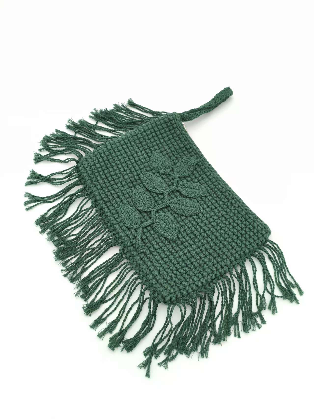 Xmas Holiday Beach Style with Autumn Embroidery Trimming Handbag Crochet Dark Green Pochette