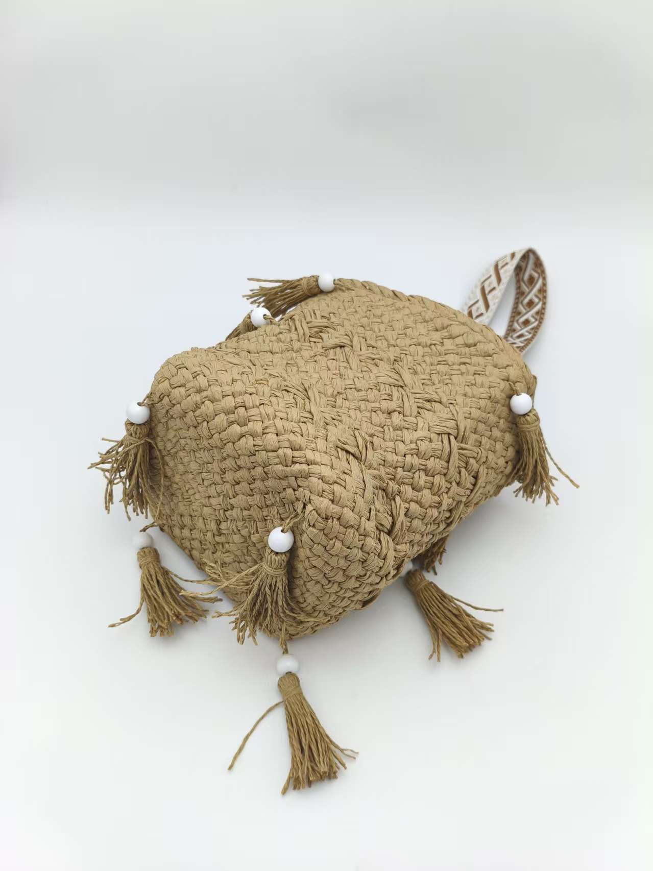 Handwoven Shoulder Beach Bag with Tassels & Beads - Bohemian Boho Crossbody Bag for Women, Summer Casual Woven Paper Straw Bucket Bag