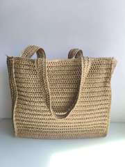 Bohemian Woven Beach Bag with Floral Crochet & Tassel Wood Beads Handwoven Straw Tote Bag