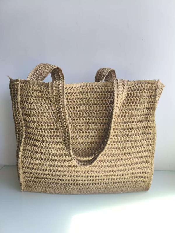 Bohemian Woven Beach Bag with Floral Crochet & Tassel Wood Beads Handwoven Straw Tote Bag