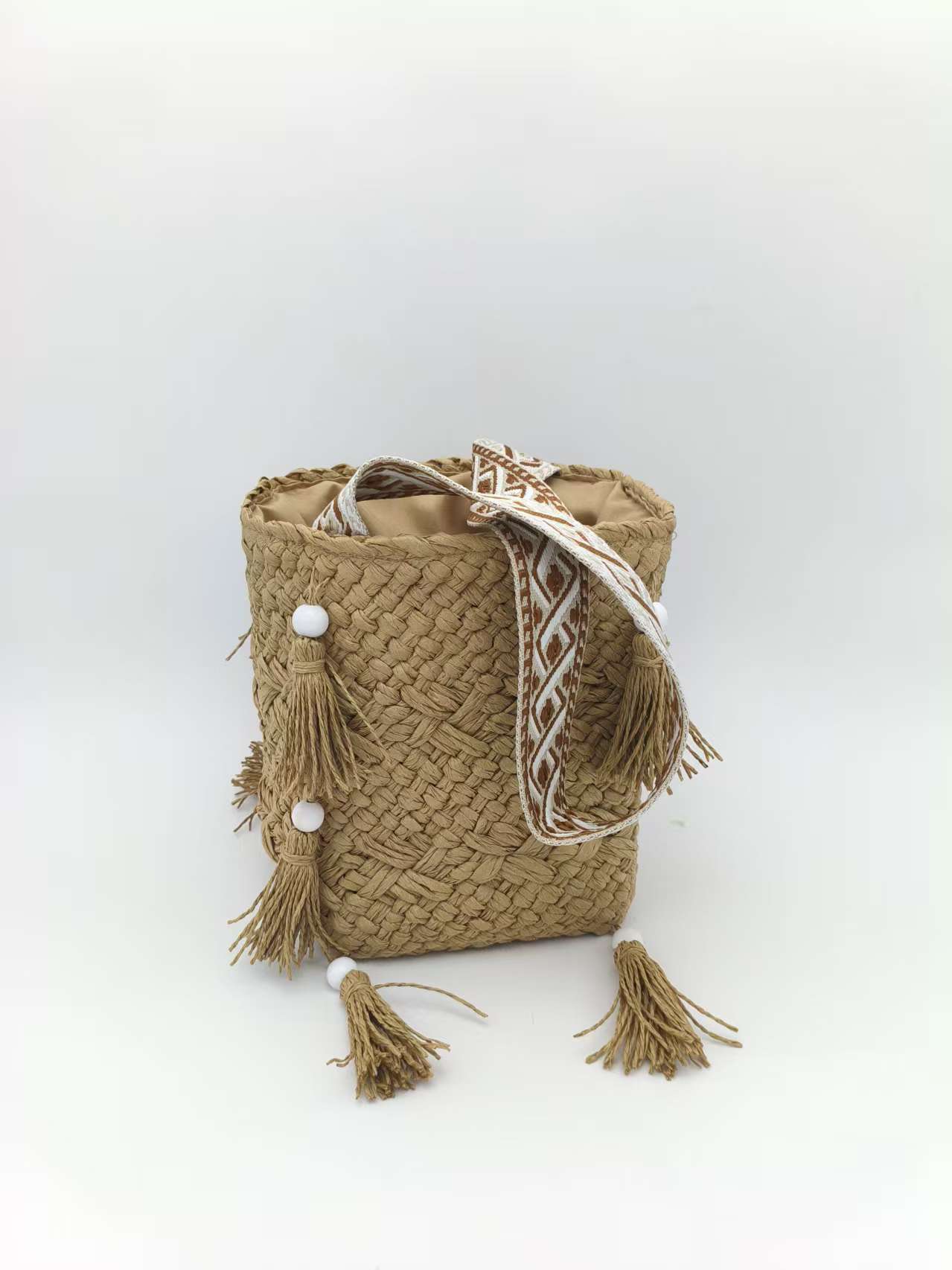 Handwoven Shoulder Beach Bag with Tassels & Beads - Bohemian Boho Crossbody Bag for Women, Summer Casual Woven Paper Straw Bucket Bag