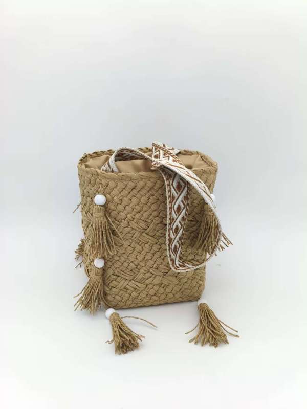 Handwoven Shoulder Beach Bag with Tassels & Beads - Bohemian Boho Crossbody Bag for Women, Summer Casual Woven Paper Straw Bucket Bag