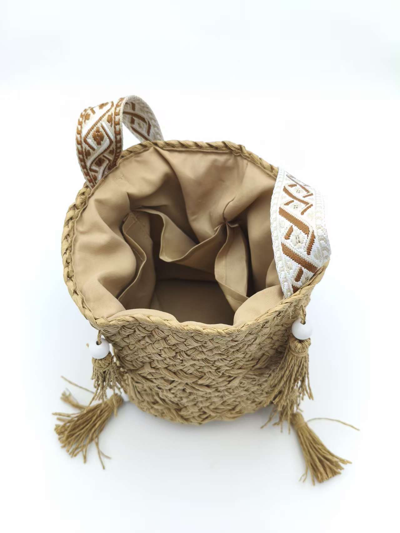 Handwoven Shoulder Beach Bag with Tassels & Beads - Bohemian Boho Crossbody Bag for Women, Summer Casual Woven Paper Straw Bucket Bag