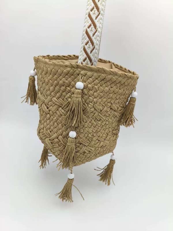 Handwoven Shoulder Beach Bag with Tassels & Beads - Bohemian Boho Crossbody Bag for Women, Summer Casual Woven Paper Straw Bucket Bag