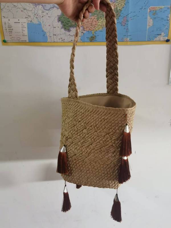 Bohemian Woven Tote Bag with Brown Tassels for Beach & Summer Handwoven Paper Straw Bucket Bag
