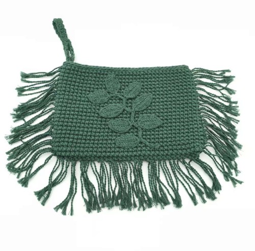 Xmas Holiday Beach Style with Autumn Embroidery Trimming Handbag Crochet Dark Green Pochette