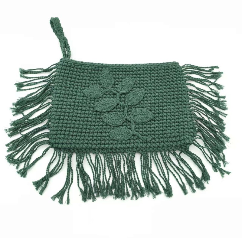 Xmas Holiday Beach Style with Autumn Embroidery Trimming Handbag Crochet Dark Green Pochette