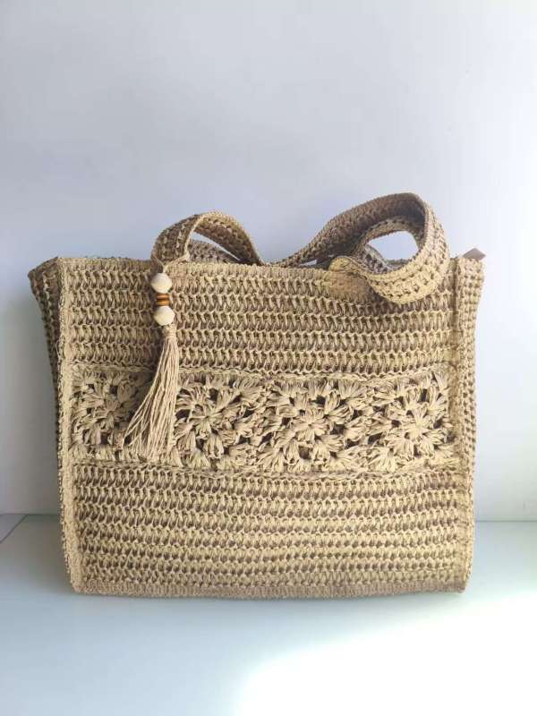 Bohemian Woven Beach Bag with Floral Crochet & Tassel Wood Beads Handwoven Straw Tote Bag