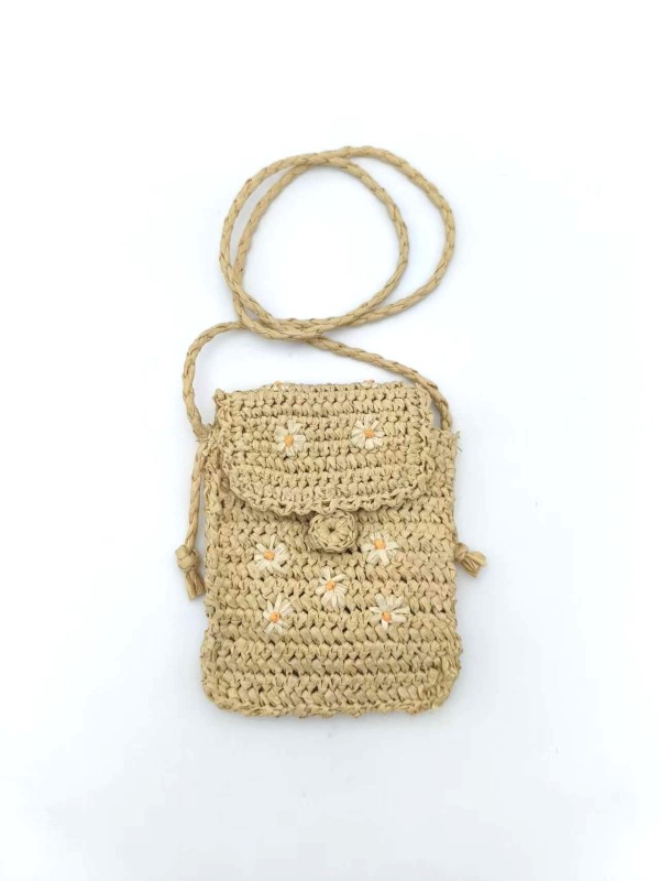 Flower Embroidered Phone Bag for Summer & Casual Wear Handcrafted Paper Straw Mini Crossbody Bag