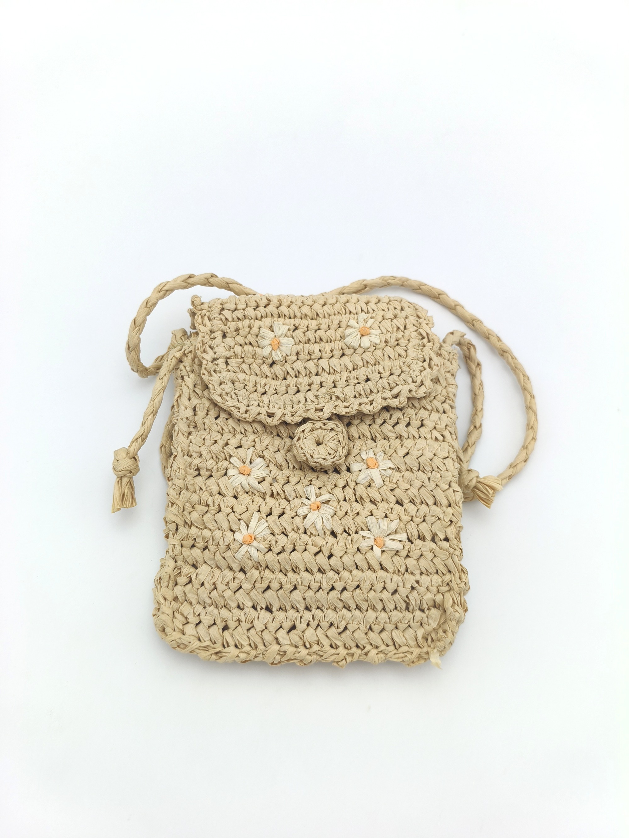 Flower Embroidered Phone Bag for Summer & Casual Wear Handcrafted Paper Straw Mini Crossbody Bag