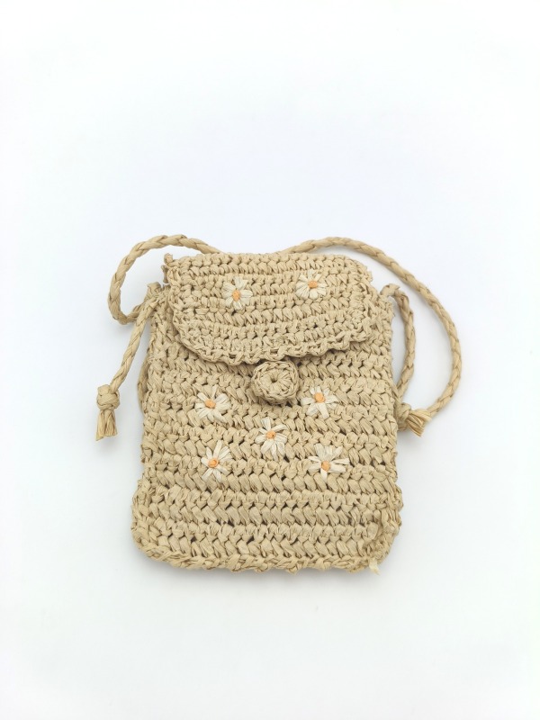 Flower Embroidered Phone Bag for Summer & Casual Wear Handcrafted Paper Straw Mini Crossbody Bag