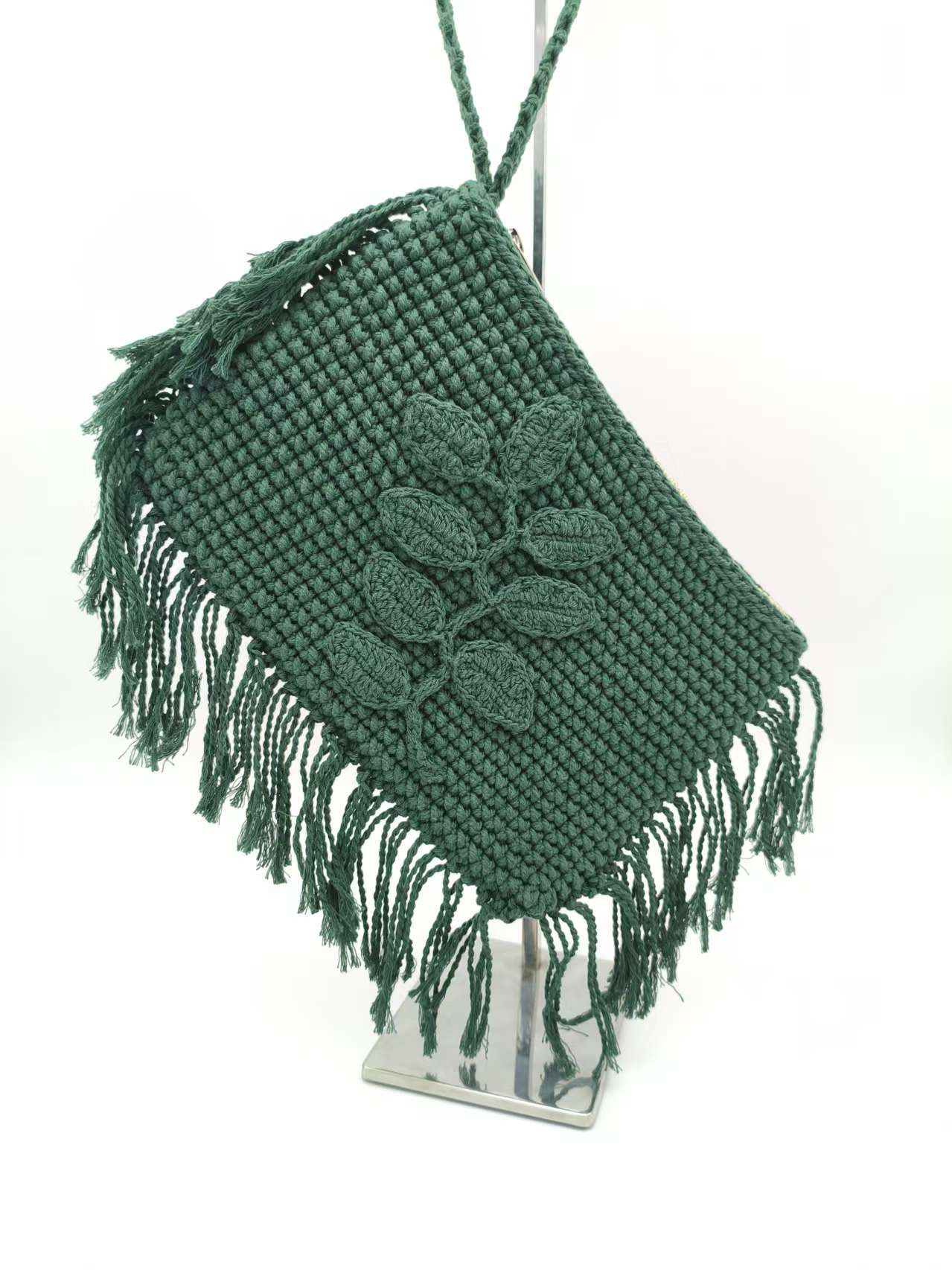 Xmas Holiday Beach Style with Autumn Embroidery Trimming Handbag Crochet Dark Green Pochette