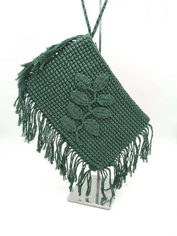 Xmas Holiday Beach Style with Autumn Embroidery Trimming Handbag Crochet Dark Green Pochette