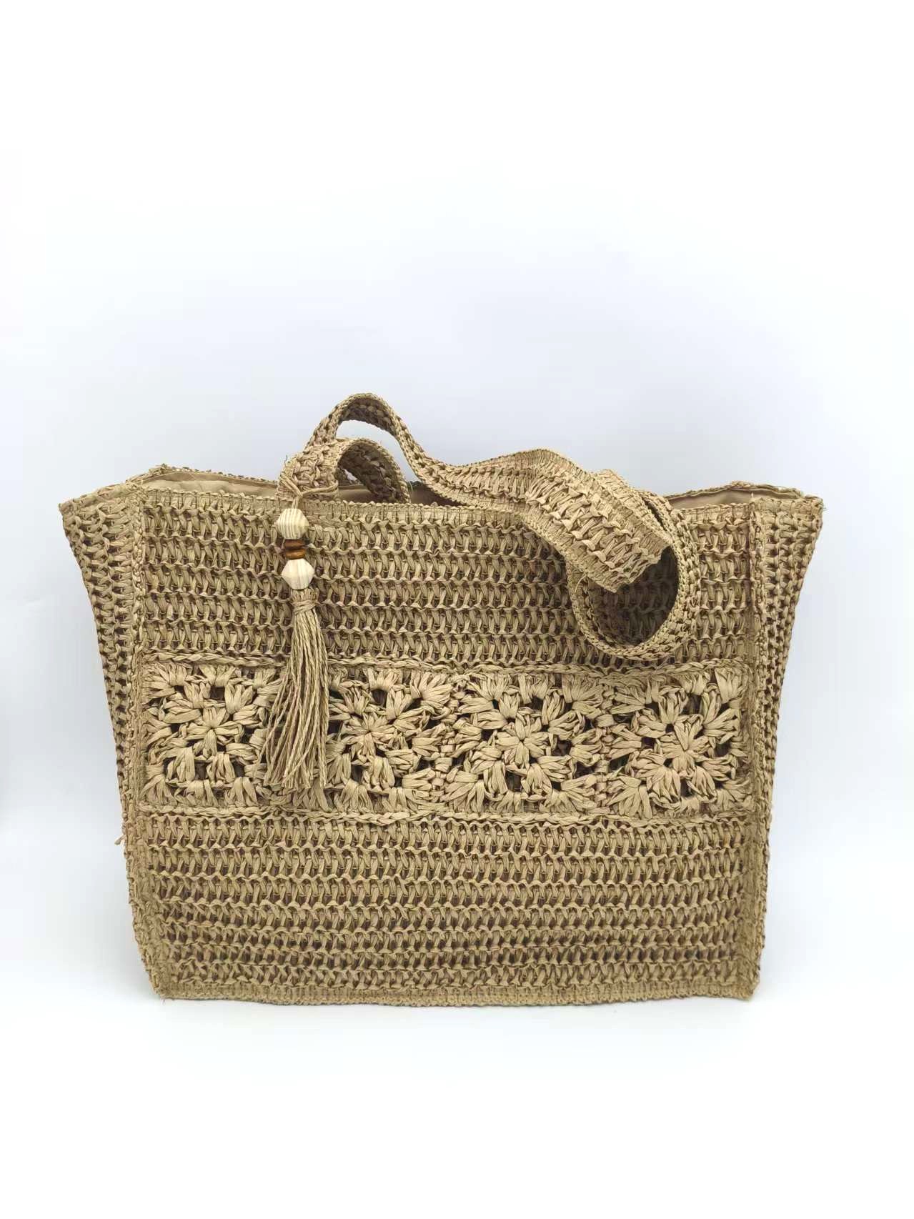 Bohemian Woven Beach Bag with Floral Crochet & Tassel Wood Beads Handwoven Straw Tote Bag