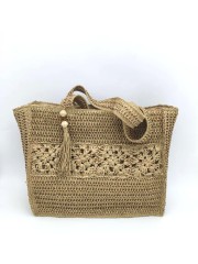 Bohemian Woven Beach Bag with Floral Crochet & Tassel Wood Beads Handwoven Straw Tote Bag