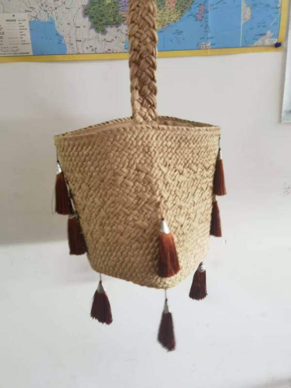 Bohemian Woven Tote Bag with Brown Tassels for Beach & Summer Handwoven Paper Straw Bucket Bag
