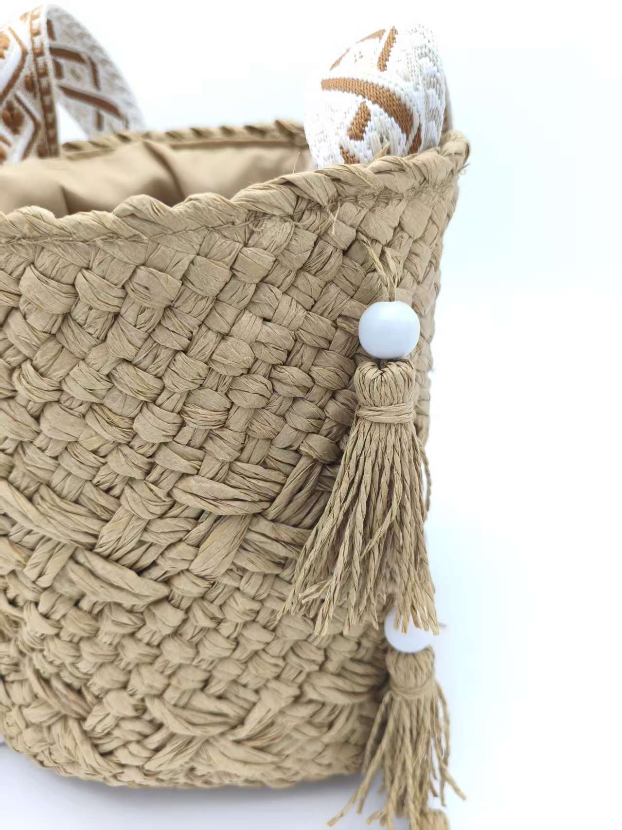 Handwoven Shoulder Beach Bag with Tassels & Beads - Bohemian Boho Crossbody Bag for Women, Summer Casual Woven Paper Straw Bucket Bag