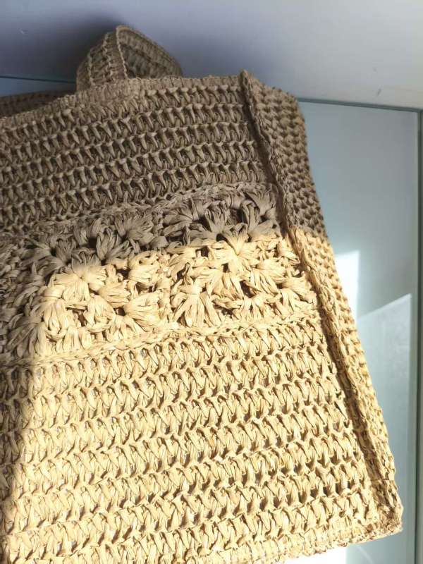 Bohemian Woven Beach Bag with Floral Crochet & Tassel Wood Beads Handwoven Straw Tote Bag