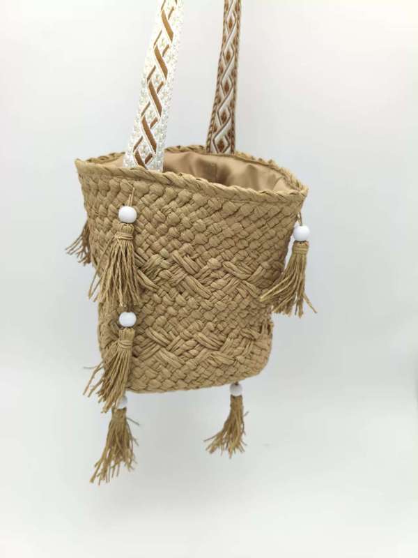 Handwoven Shoulder Beach Bag with Tassels & Beads - Bohemian Boho Crossbody Bag for Women, Summer Casual Woven Paper Straw Bucket Bag