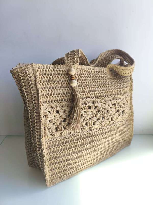 Bohemian Woven Beach Bag with Floral Crochet & Tassel Wood Beads Handwoven Straw Tote Bag