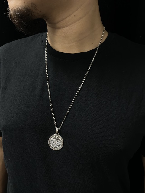 Viking Compass Engraved Pendant Vegvisir Pendant Men Personalized Pendant Viking Necklace Oxidized Silver 925