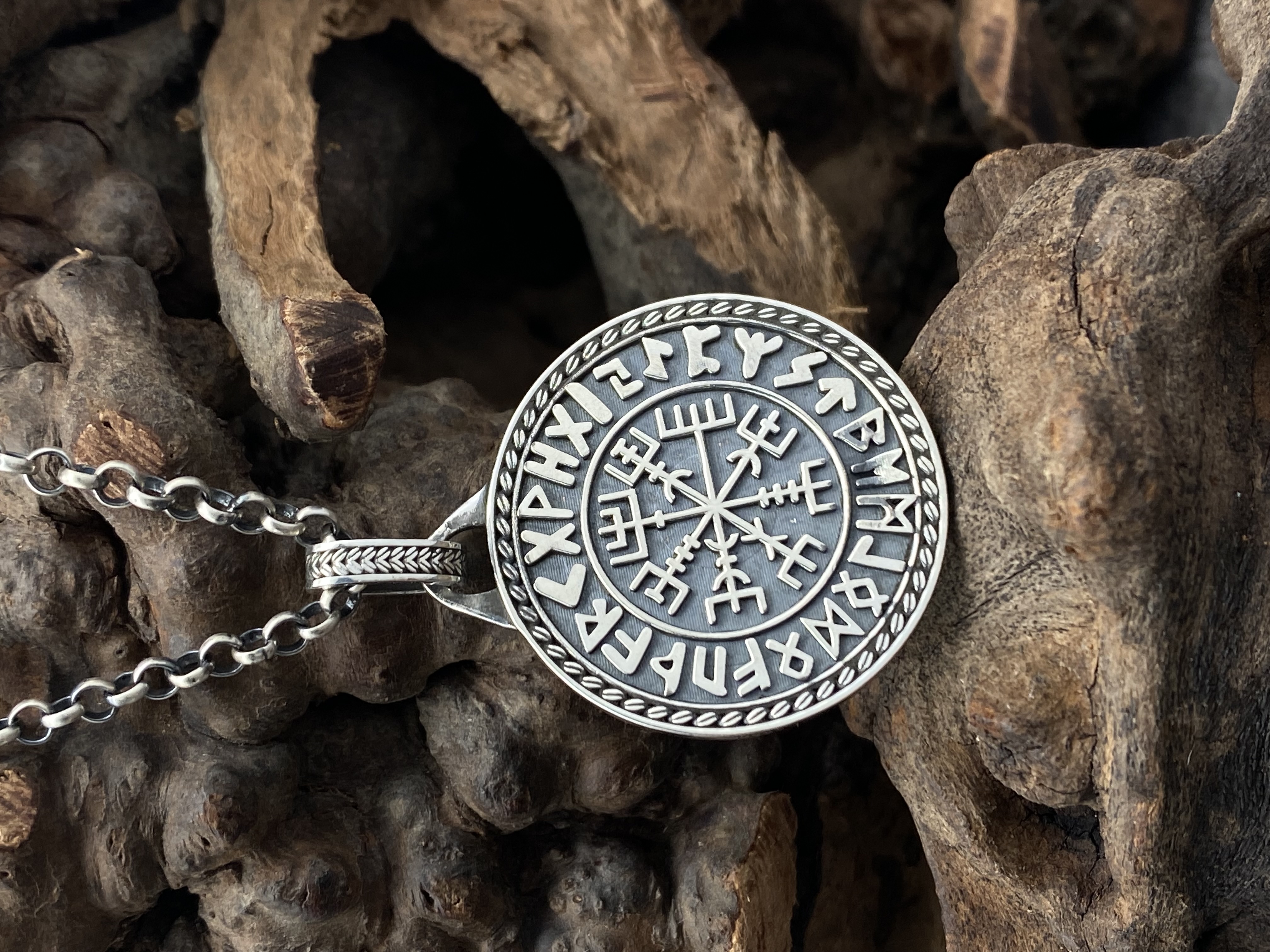 Viking Compass Engraved Pendant Vegvisir Pendant Men Personalized Pendant Viking Necklace Oxidized Silver 925