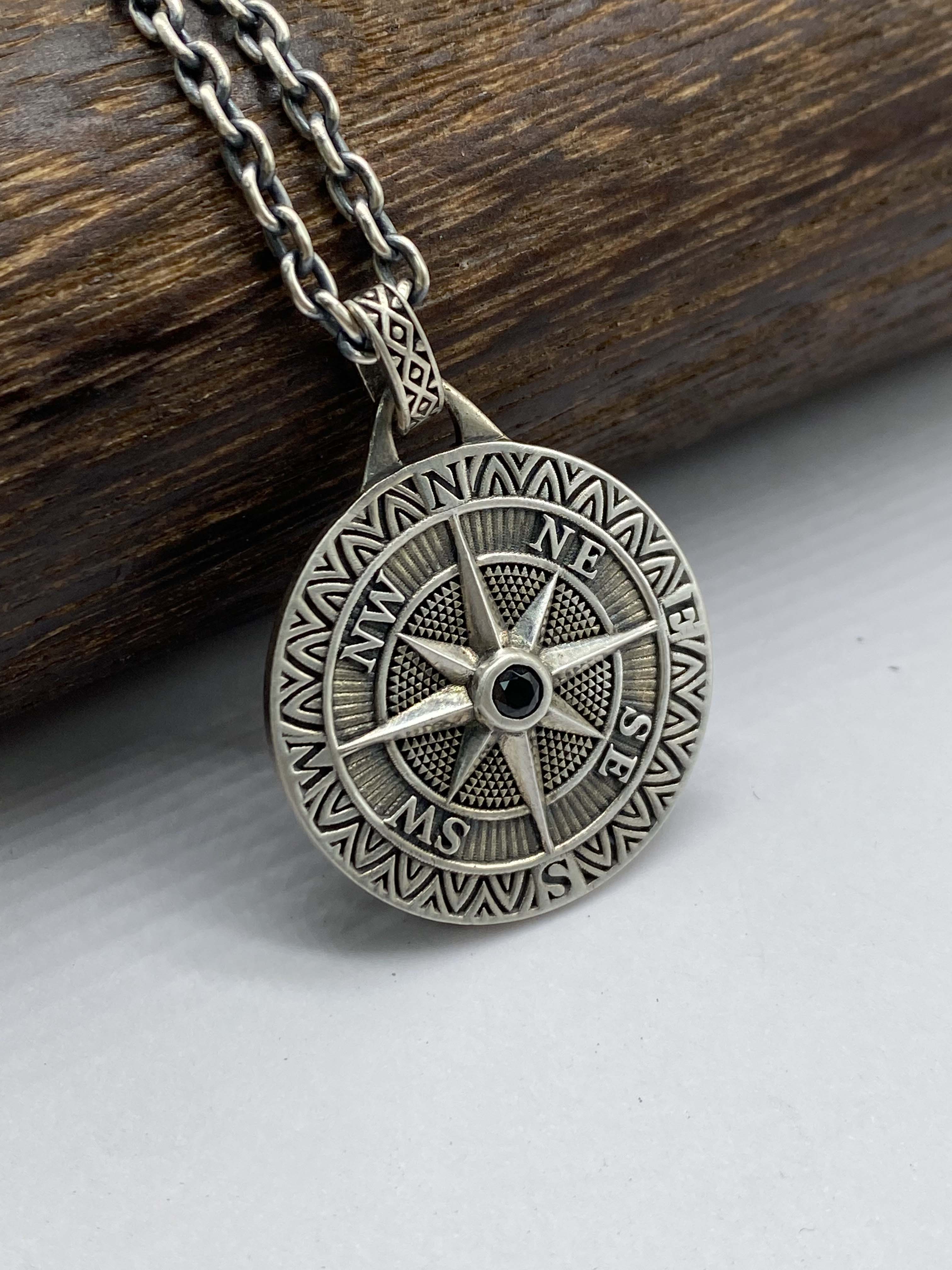 Compass Pendant Necklace Mens Compass Pendant Personalized Engraved Pendant Silver 925