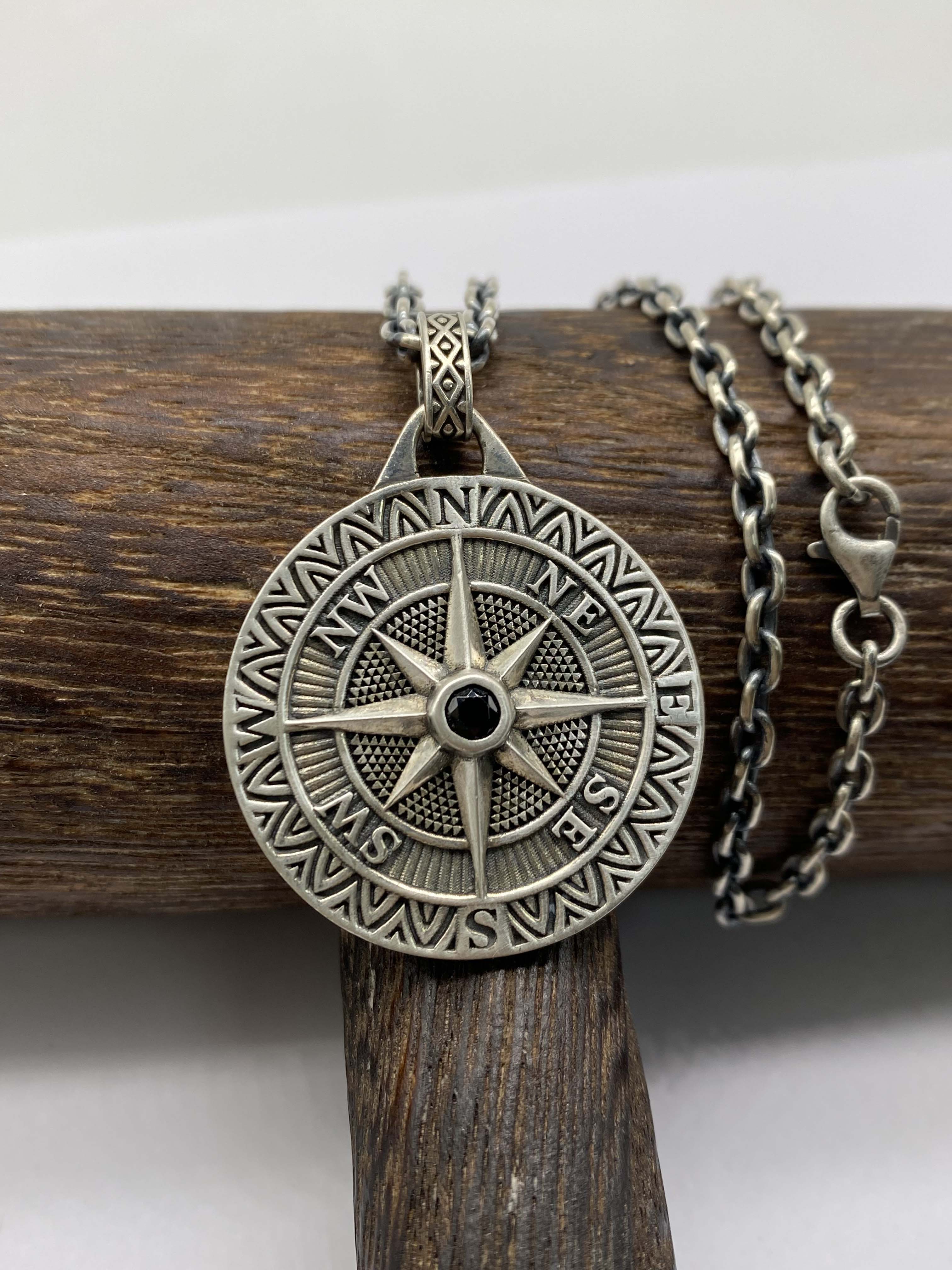Compass Pendant Necklace Mens Compass Pendant Personalized Engraved Pendant Silver 925