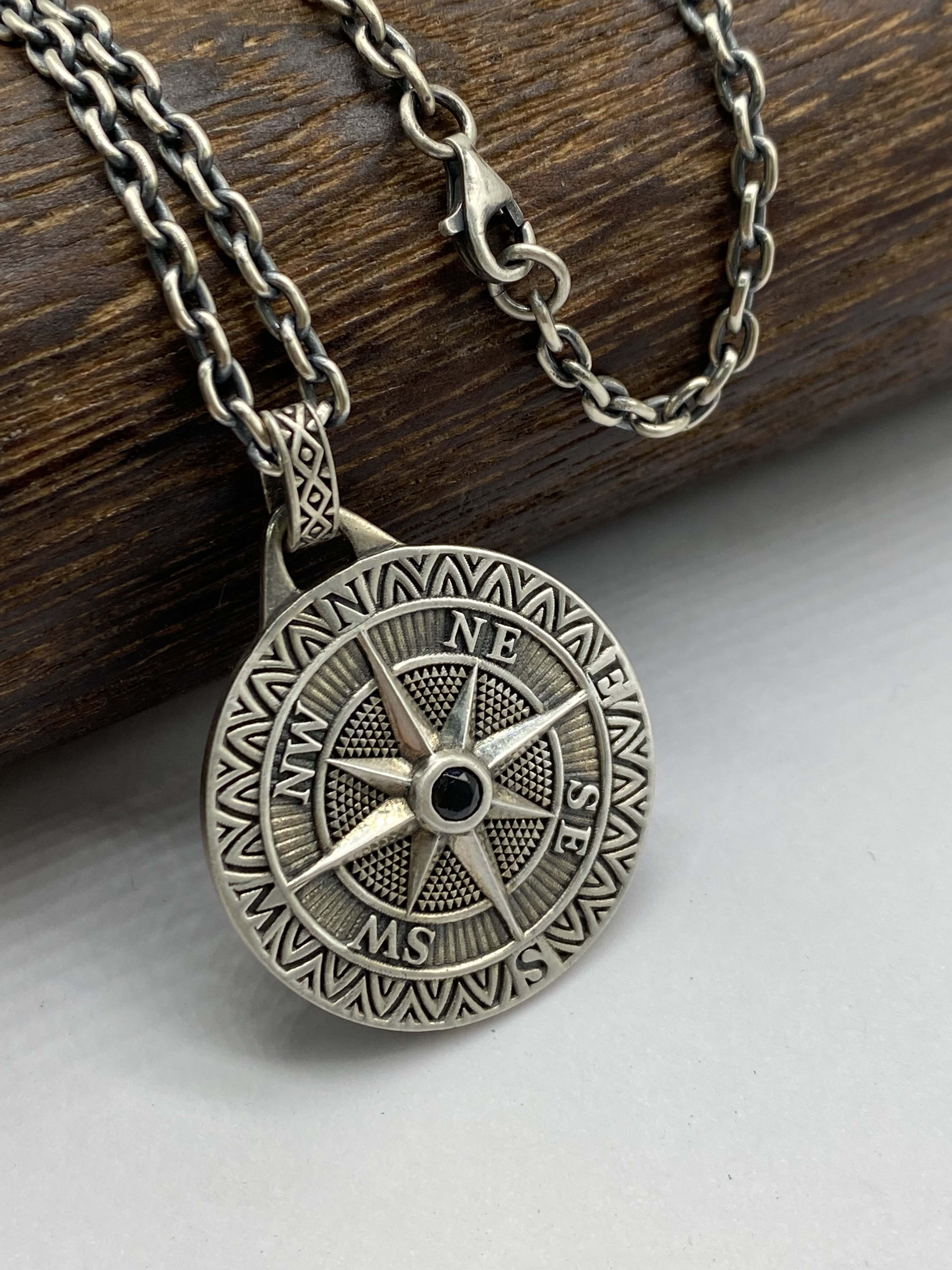 Compass Pendant Necklace Mens Compass Pendant Personalized Engraved Pendant Silver 925