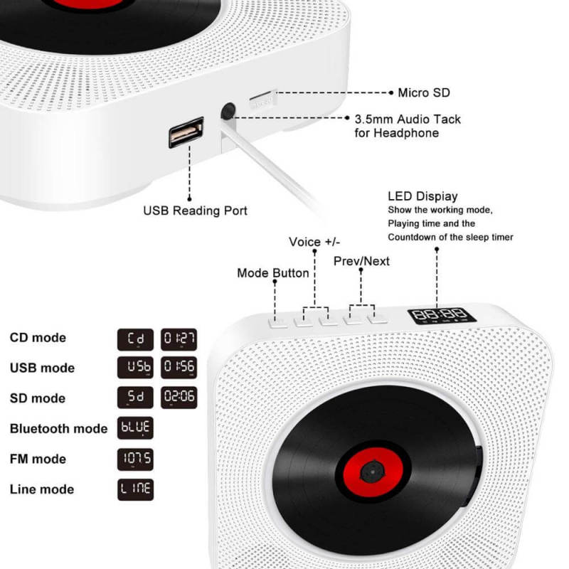 Portable CD Player Bluetooth Speaker Stereo CD Players LED Screen Wall Mountable CD Music Player with IR Remote Control FM Radio