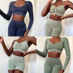 KJ013-Sand washed seamless yoga wear long sleeve suit Material Set of 6
