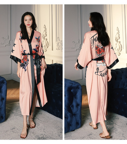E111-Pink rose bird morning gown Nightgown women's home clothes