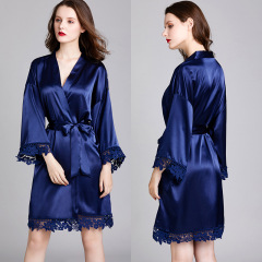 WP1132-Long sleeve large silk ice silk household Nightgown bathrobe