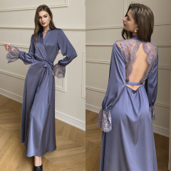 2700-Thin Satin ice pajamas lace stitching French elegant backless home clothes