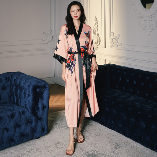 E111-Pink rose bird morning gown Nightgown women's home clothes