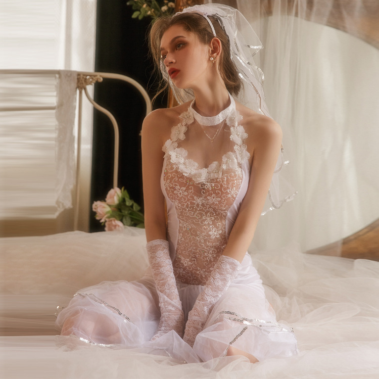 9519—Thin lace perspective gauze dress bridal wedding dress nightdress