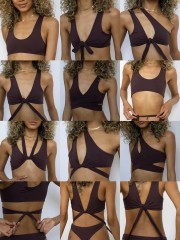 C825-New Bikini Swimsuit Ladies Cross Neck Oblique Shoulder Hollow Nylon Swimwear 3 Colors Available