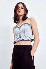G113-Fashion stitching fungus trimmed denim vest summer women's European and American style slim slim short suspenders