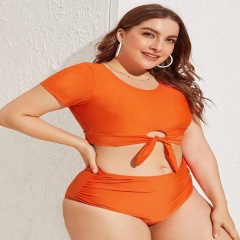 C896-New split sunscreen short-sleeved solid color exposed belly plus size bikini swimsuit